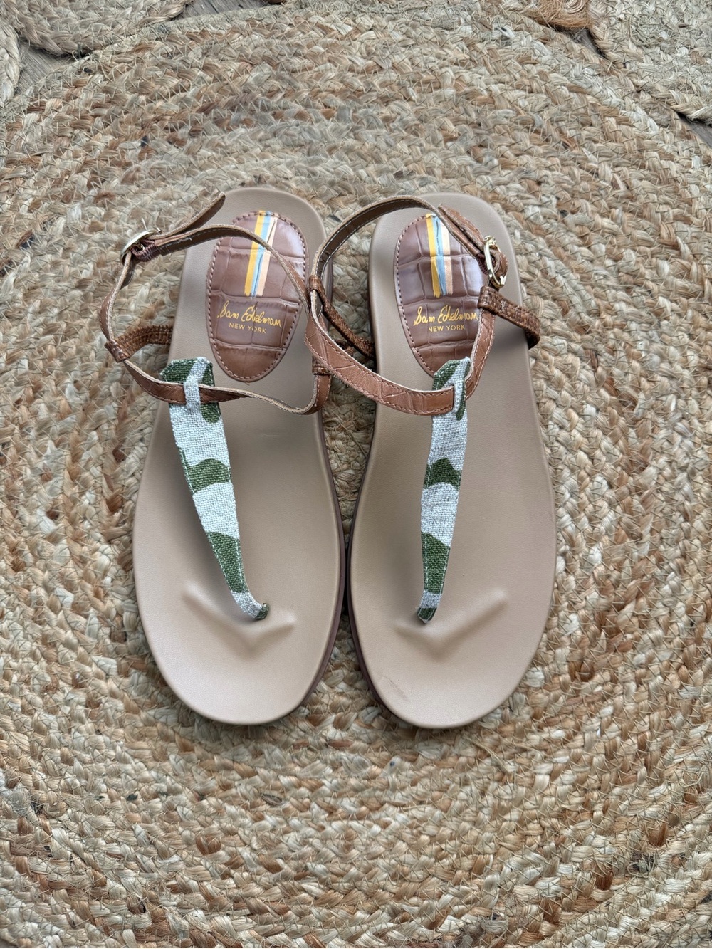 Sam Edelman Tan Sandals with Green and White Camouflage Strap